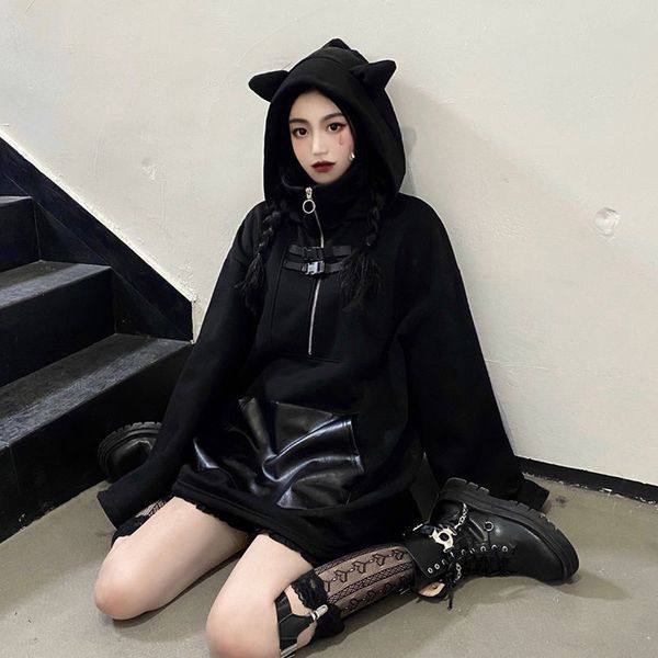 

2021 new deeptown gothic moda feminina inverno moletom feminino manga comprida solto streetwear preto casual plus size hoodies k5ci, Black