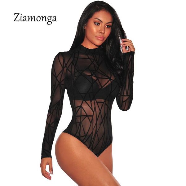 

women's jumpsuits & rompers ziamonga night club sheer mesh bodysuit women long sleeve combinaison short femme hollow out jumpsuit, Black;white