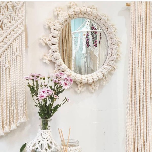 

mirrors hand woven bohemian leaf feather mirror round lace wall hanging living room bedroom home decoration