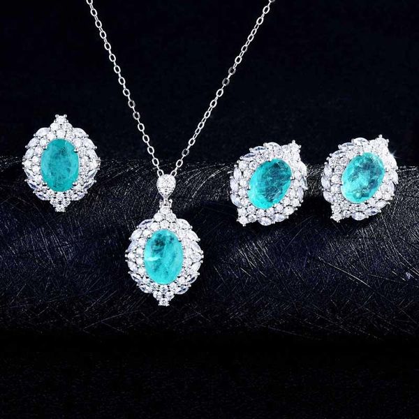 

earrings & necklace fashion jewelry set inlay oval palaiba stone geometry delicate 925 silver luxury wedding ring for women