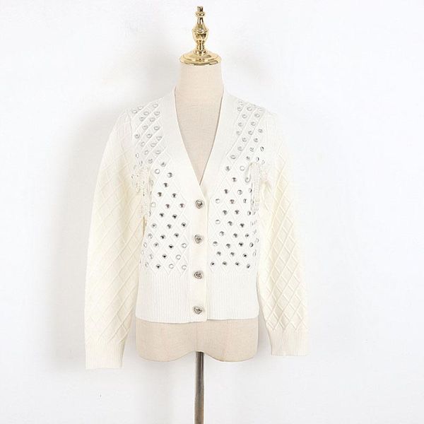 

women's knits & tees luxury designer brand sweater for women causel v neck diamond pearl bow short knitted cardigans clothes, White