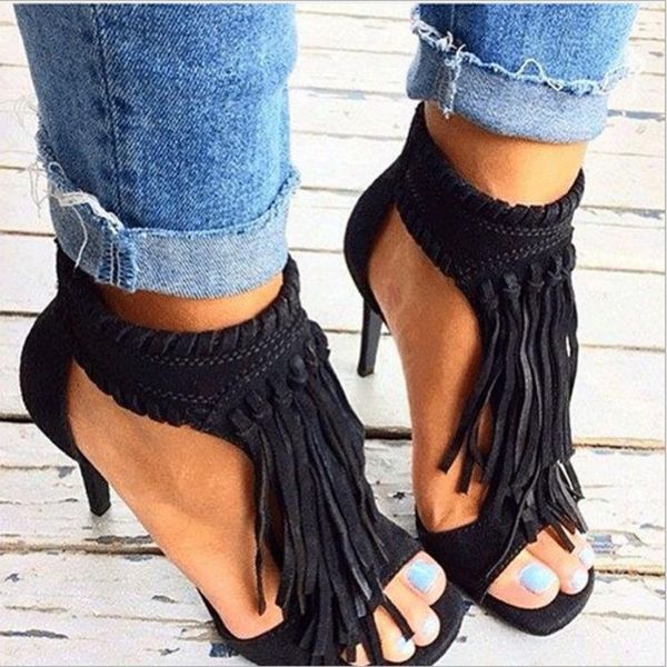 

dress shoes women sandals pumps tassel high heel ladies party roman vintage wedding plus size 698, Black