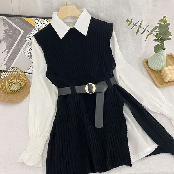 

women's two piece pants autumn winter shirt vest set lantern sleeve lapel knitted sets gd592, White