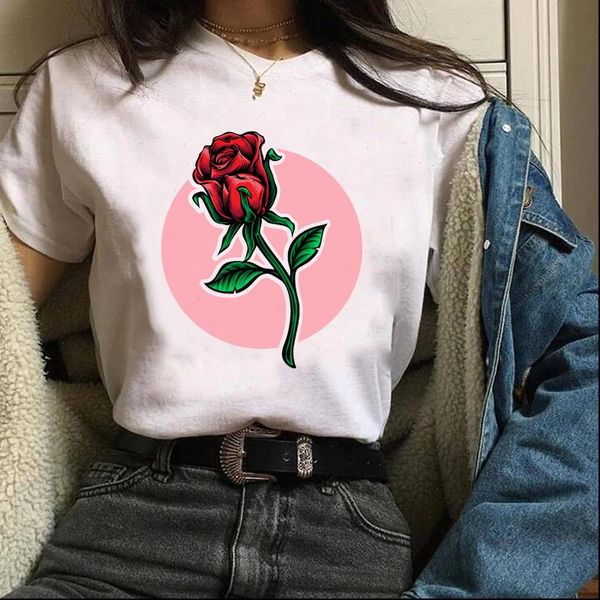 

women graphic floral flower short sleeve casual love 90s ladies print clothes lady tees female t shirt womens, White