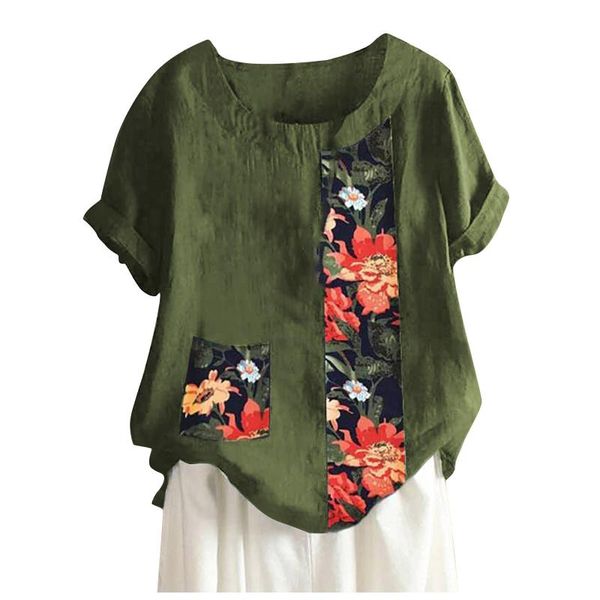 

women's t-shirt cotton linen casual short sleeve o-neck print blouse loose, White