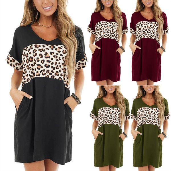 

plus size summer loose womens dresses short sleeve print pocket ladies v neck casual mid calf vestidos mujer verano, Black;gray