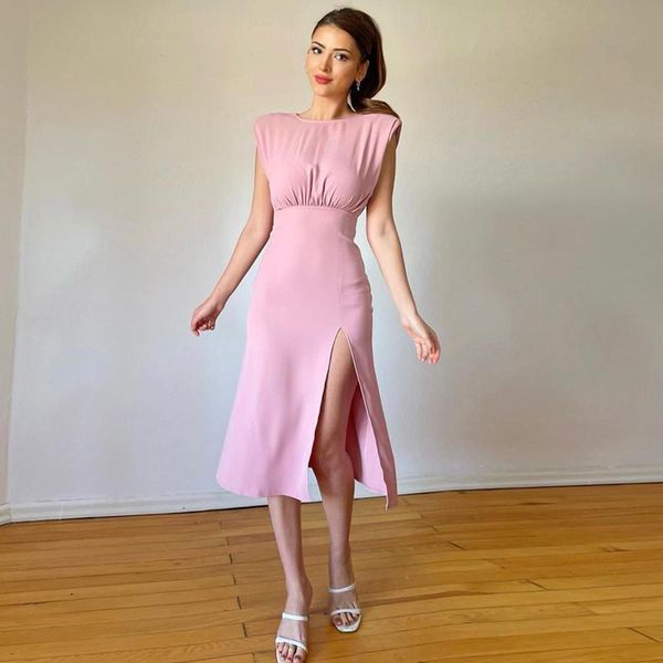 

casual dresses women summer sleeveless split vestidos solid color padded shoulder round neck fashion party dress ladies female white pink bl, Black;gray