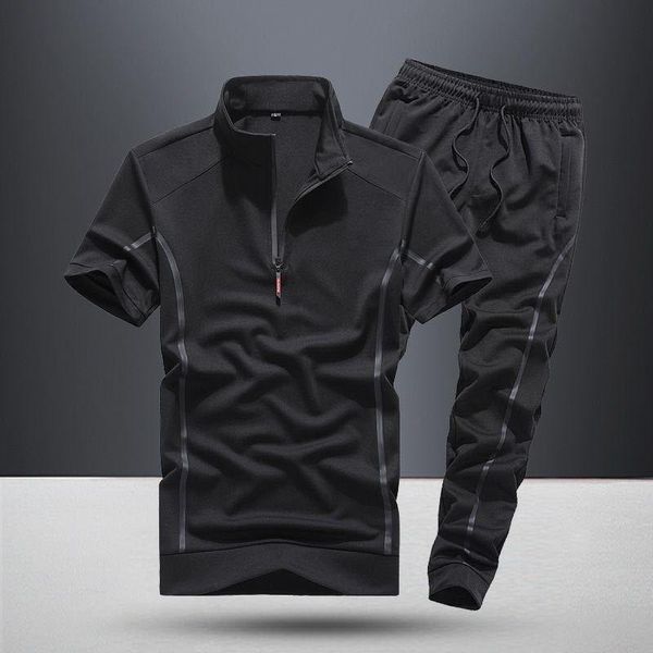 

short sleeve suit men's summer thin large size stand collar sportswear two-piece casual business t-shirt spirit guy tide, Gray