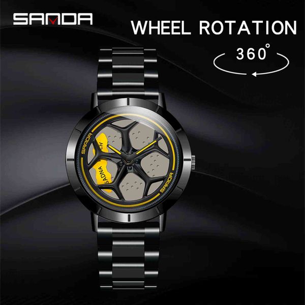 

men fashion sell car wristwatch stainless steel waterproof sport quartz watch 360 degree rotating wheel rim dial watches, Slivery;brown