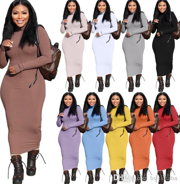 Zarif Rahat Uzun Elbiseler Kadınlar Için Moda Yüksek Yaka Şanslı Etiket Mektup Nakış Uzun Elbise Tasarımcısı Katı Renk Kış Bahar Giyim