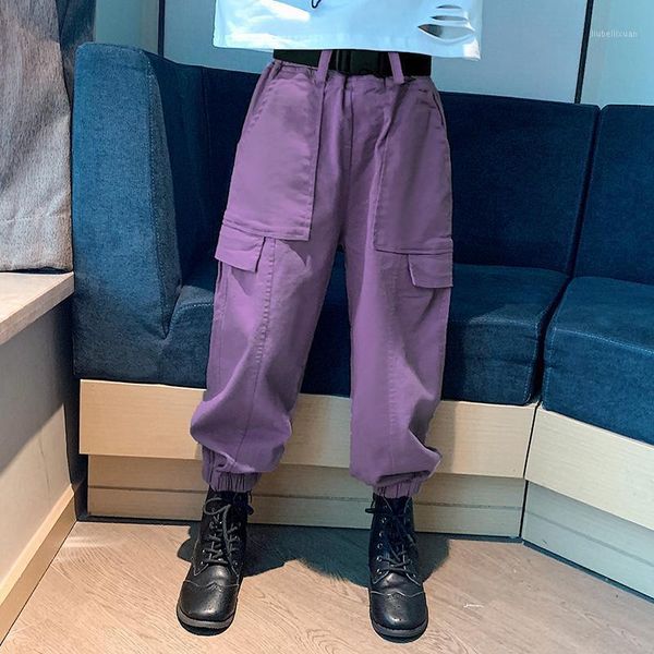 

kids girls spring autumn 2021 solid color high waist cargo trousers children clothing casual style long beam foot pants c281, Blue