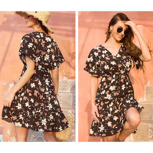 

casual dresses 2021 spring summer vintage party dress v neck elegant boho beach female floral print for women clothes, Black;gray