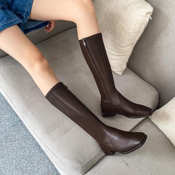 

boots long women 2021 square head brown black side zipper high versatile net red leather