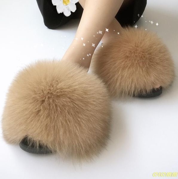 

slippers women large fur slides custom extra fluffy full sandals wholesale luxury summer real natural, Black