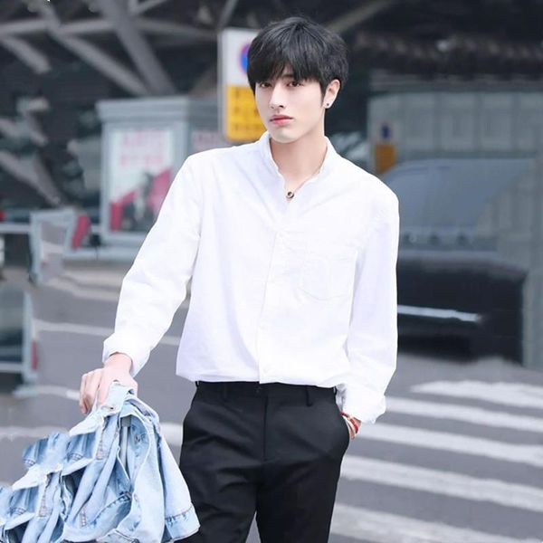 

men's casual shirts star same model 2021 spring and summer idol small square collar slim refreshing white shirt long sleeve, White;black