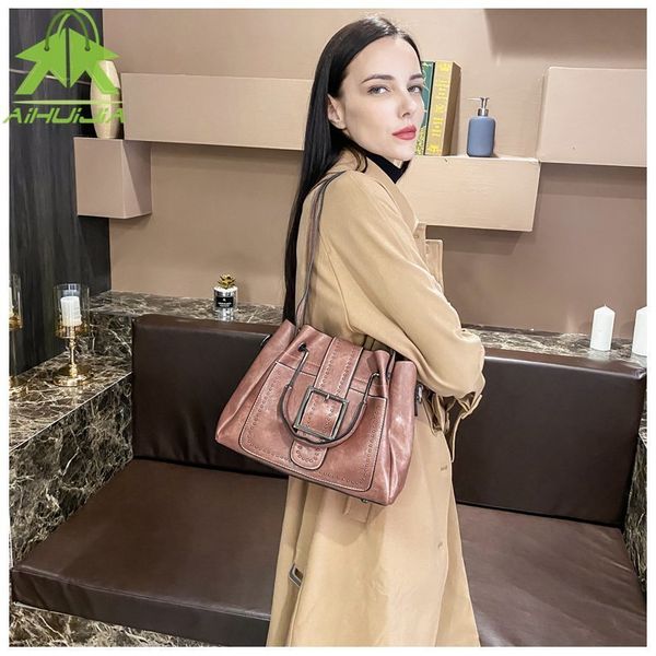 

s new fashion pu leather handbags crossbody for women vintage bucket shoulder bag ladies handbag sac femme lj210203