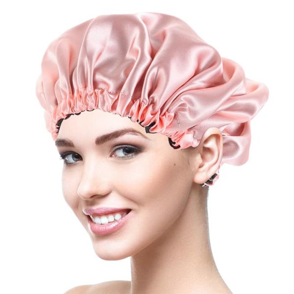 

shower caps women satin sleep cap large double-sided adjustable solid color silky bonnet elastic hair wrap accessories