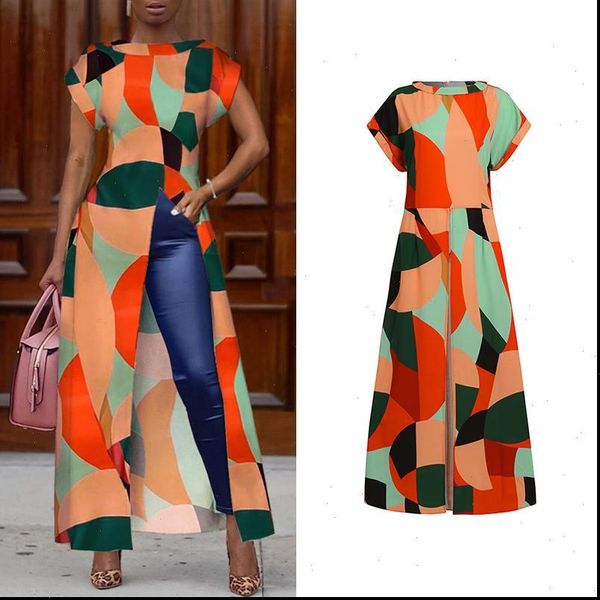 

summer shirts women party long tunic vonda 2021 casual short sleeve patchwork print high split maxi blouse plus size beach, White