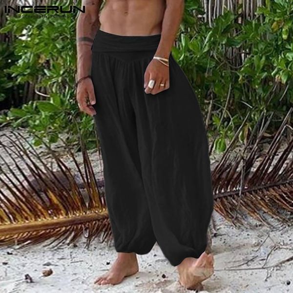 

men's pants incerun solid color men elastic waist loose vintage wide leg trousers pockets streetwear leisure pantalones hombre 2021, Black