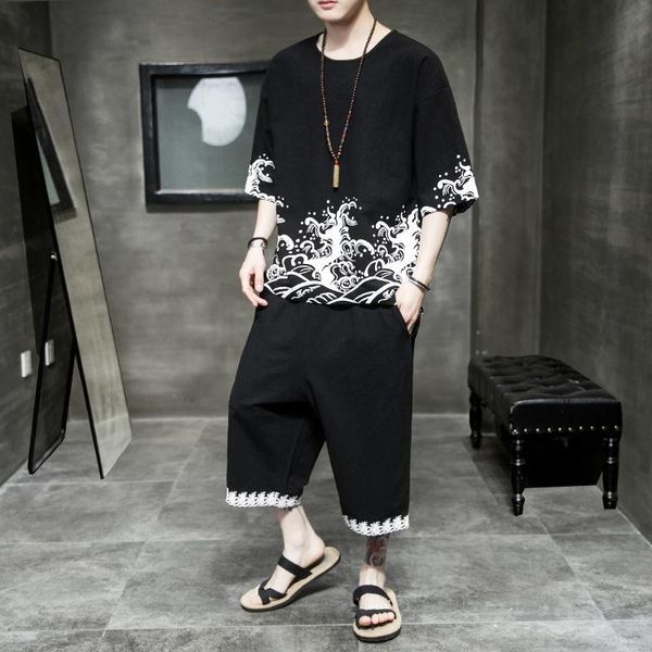 

ethnic clothing summer men's tracksuit fashion sportswear chinese style print plus size t-shirt shorts 2021 retro thin suit harajuku cl, Red