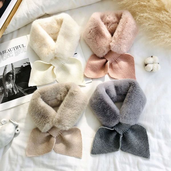 

korean autumn and winter warm peach heart knitted splicing imitation rex bib rabbit hair scarf, Blue;black