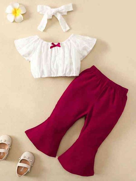 

baby bow front & flare leg pants with headband she, White