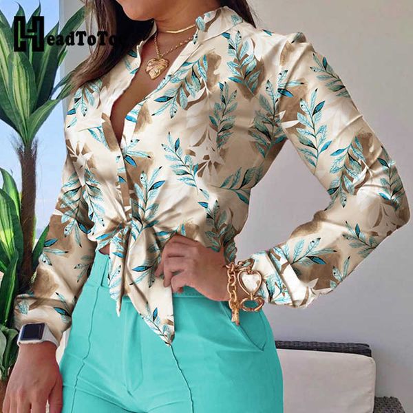

plants tropical print long sleeve tie front crop & shorts set women two piece set 210707, White