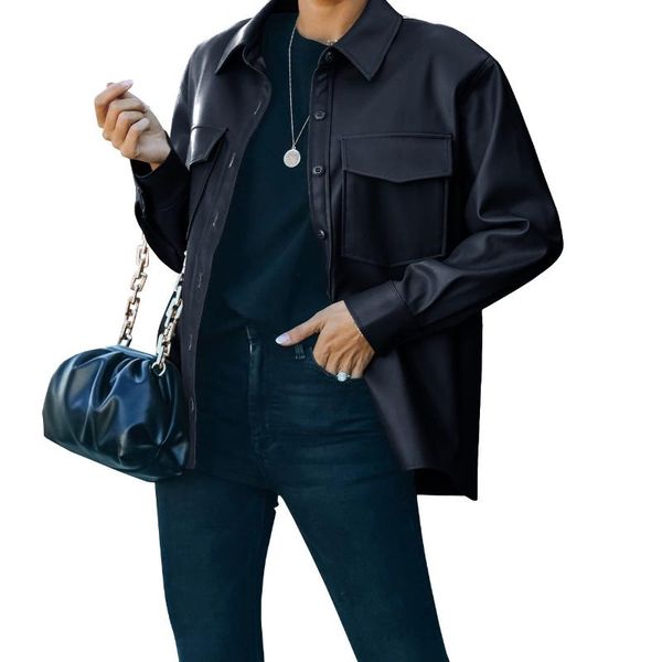 

women's leather & faux europe and america spring autumn jacket pu washed slim short, Black