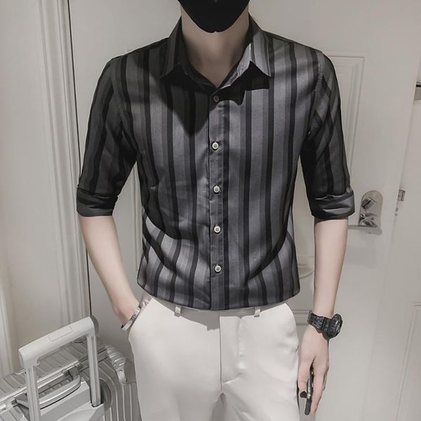 

men's casual shirts men striped shirt summer half sleeve slim social formal dress streetwear work office male clothes chemise homme, White;black