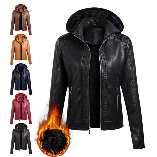 

20212020 plush detachable hooded pu women's leather jacket, Black
