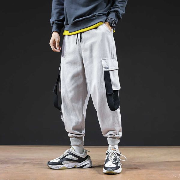 

men's pants men ribbons streetwear cargo spring autumn hip hop joggers overalls black fashions baggy pockets trousers 65vs ztop