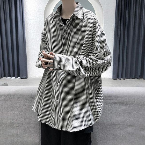 

men's shirt 2021 autumn new slim solid color plaid print long sleeve shirt loose casual lapel personality youth men's wear, White;black