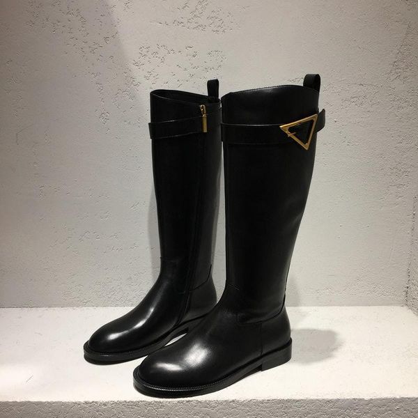 

boots genuine leather side zipper ladies shoes fashion knee-high knight autumn winter botas de mujer belt buckle women, Black