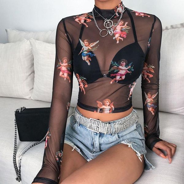 

womans womans summer long sleeves mock neck crop romantic colored angel cupid printed t-shirt see through mesh party club 4, White