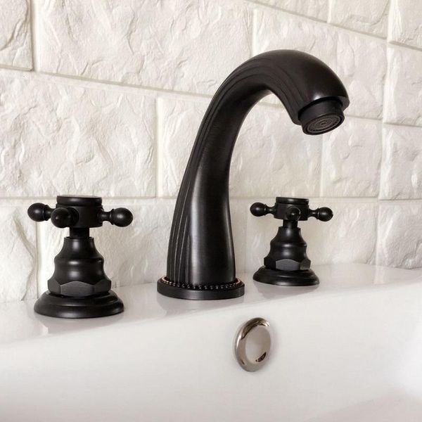 

bathroom sink faucets black oil rubbed bronze double handles 3 holes install widespread deck mounted basin faucet mixer tap mhg061
