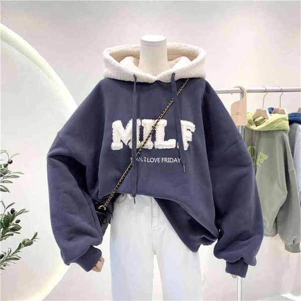 

pullovers women korean style hoodies for female vintage solid long sleeve oversized hooded sweatshirt jacket casual large 210813, Black