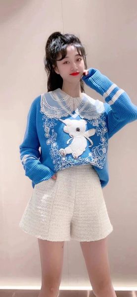 

2021 women autumn and winter new sweet unicorn embroidery v-neck wool sweater ak6b, White;black