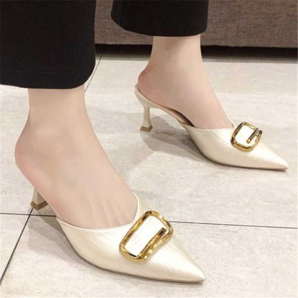 

slippers women's summer wear fashion pointed toe square buckle net red stiletto lazy half female baotou high heel party mules, Black