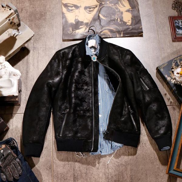 

men's leather & faux cdma-1 european us size super warm genuine sheep coat mens big b3 shearling bomber merino fur jacket, Black