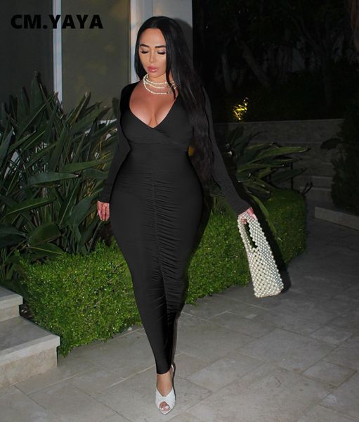 

cm.yaya autumn winter stacked women ruched long sleeve v-neck midi maxi dress boycon club party night pencil long dresses 210226, Black;gray