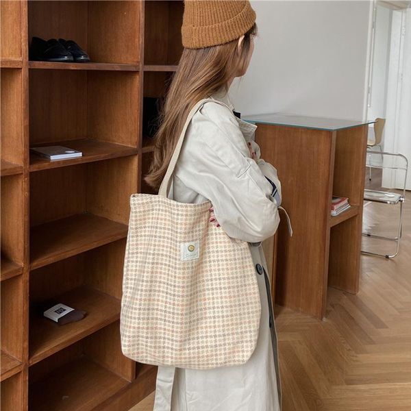

warm winter women woolen canvas bags vintage plaid female casual tote soft cloth handbag ladies striped pattern shoulder bag