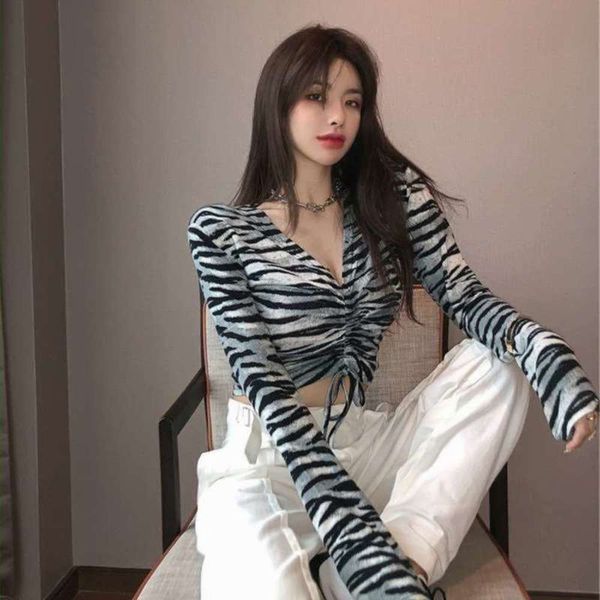 

t-shirt shirt women's ancient bottoming blue fairy zebra with autumn and winter wind tight long sleeve v-neck short top, Black;gray