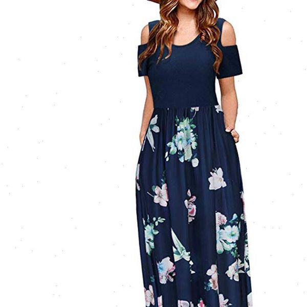 

plus size dress women summer cold shoulder floral print maxi dress ladies short sleeve pocket patchwork sundress big size, Black;gray