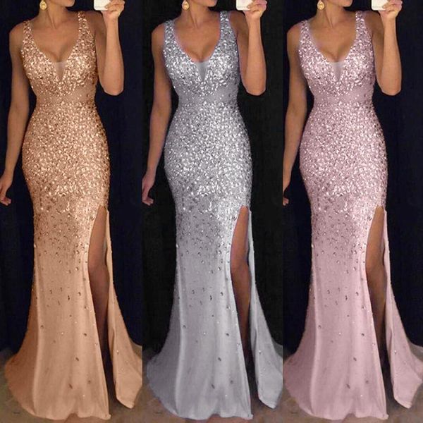 

elegant v neck split women dresses glitter long party club floor length sequin evening chic vestidos, Black;gray