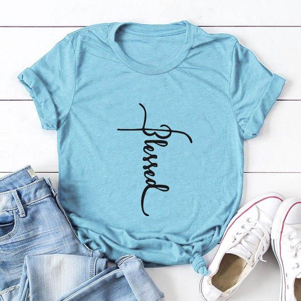 

women's t-shirt womens cotton blessed letter print graphic tees woman oversized short sleeve shirts female clothes streetwear, White