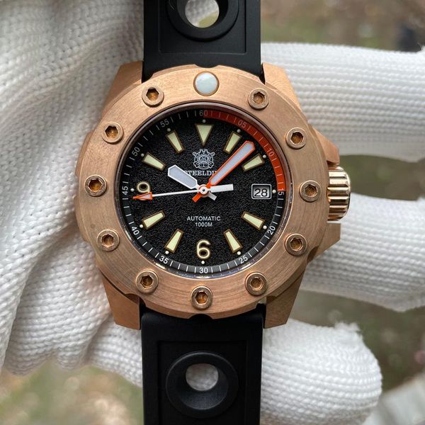 

wristwatches steeldive sd1948s arrival 2021 nh35 automatic watches bronze bezel with nuts 1000m waterproof deep sea diver watch mechanic, Slivery;brown