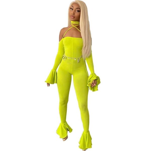 

women's jumpsuits & rompers club backless halter neon solid womens jumpsuit flare sleeve bodycon overalls ruffle slash neck bodysuits, Black;white