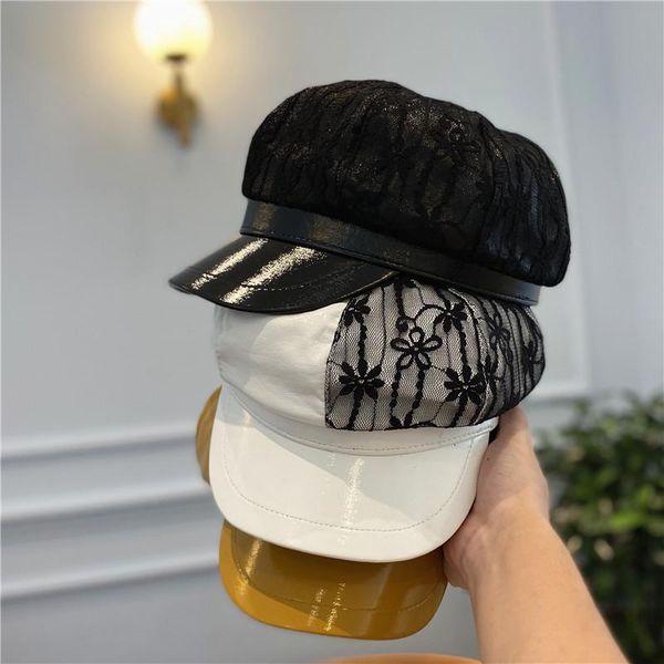 

stingy brim hats ladies hat european and american spring autumn fashion beret korean style pu leather stitching lace octagonal cap, Blue;gray