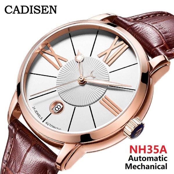 

wristwatches cadisen automatic watch men luxury brand sapphire glass luminous genuine leather wristwatch nh35a mechanical for, Slivery;brown