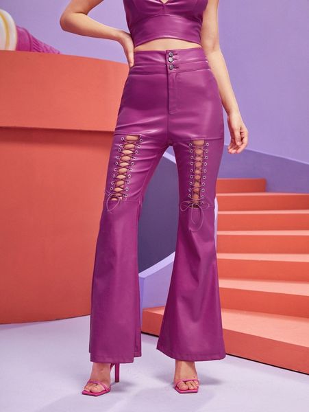 

x fortunate high waist lace up flare leg pu leather pants t5m8#, Black;white